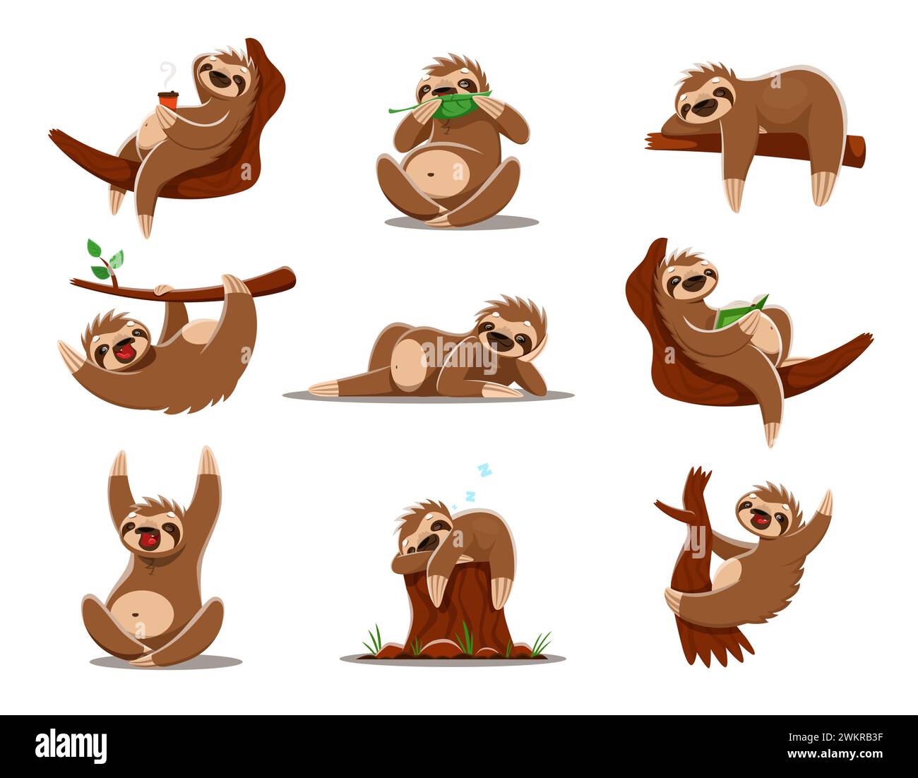 Personnages paresseux de dessins animés. Animaux paresseux mignons personnages vectoriels suspendus et grimpant sur les branches d'arbre de la jungle tropicale. Paresseux drôles mangeant des feuilles, buvant du café, lisant un livre et se reposant sur le moignon Illustration de Vecteur