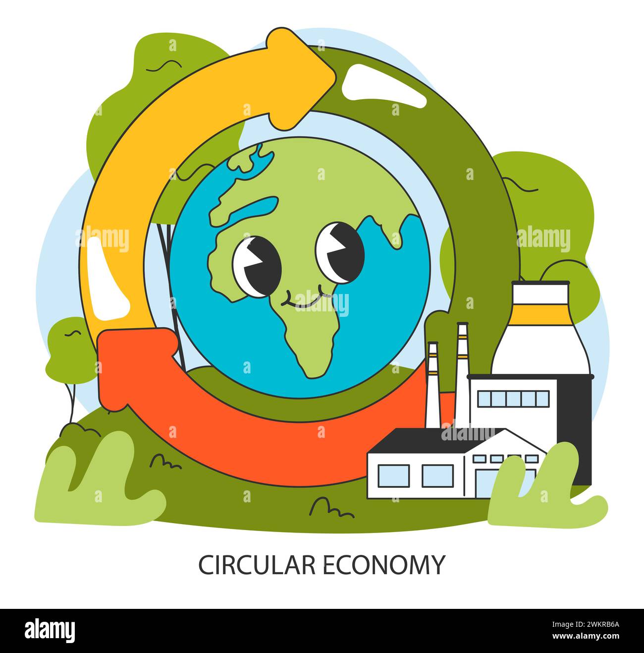 Économie circulaire, entreprise et responsabilité sociale pour réduire l’empreinte carbone et l’impact sur l’environnement. Cycle de vie du produit depuis la production, la consommation et le recyclage. Illustration vectorielle plate Illustration de Vecteur