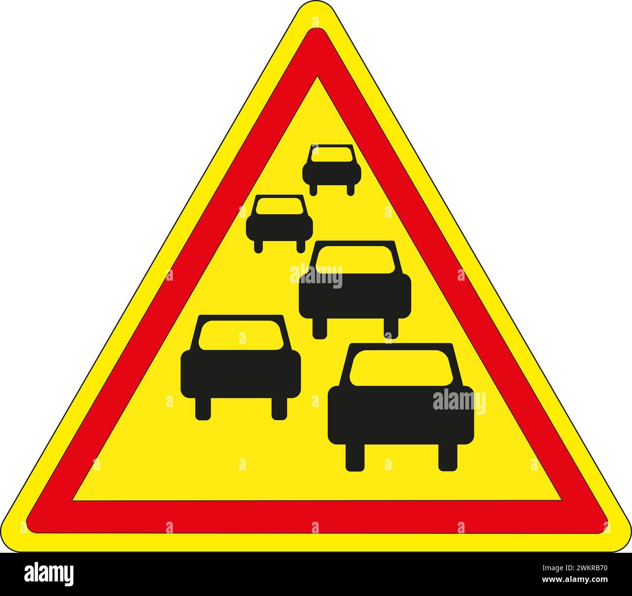 Panneau de signalisation triangulaire avec fond jaune et bordure rouge : risque d'embouteillages Banque D'Images