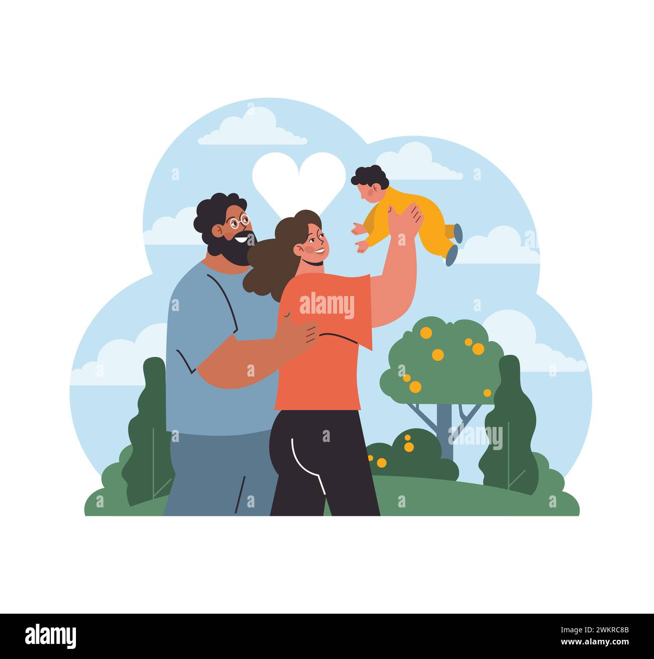 Liaison étape-parent. Un homme barbu hante avec amour un enfant, tout en embrassant chaleureusement son partenaire dans un parc pittoresque en toile de fond, soulignant la belle dynamique des familles recomposées. Vecteur plat. Illustration de Vecteur
