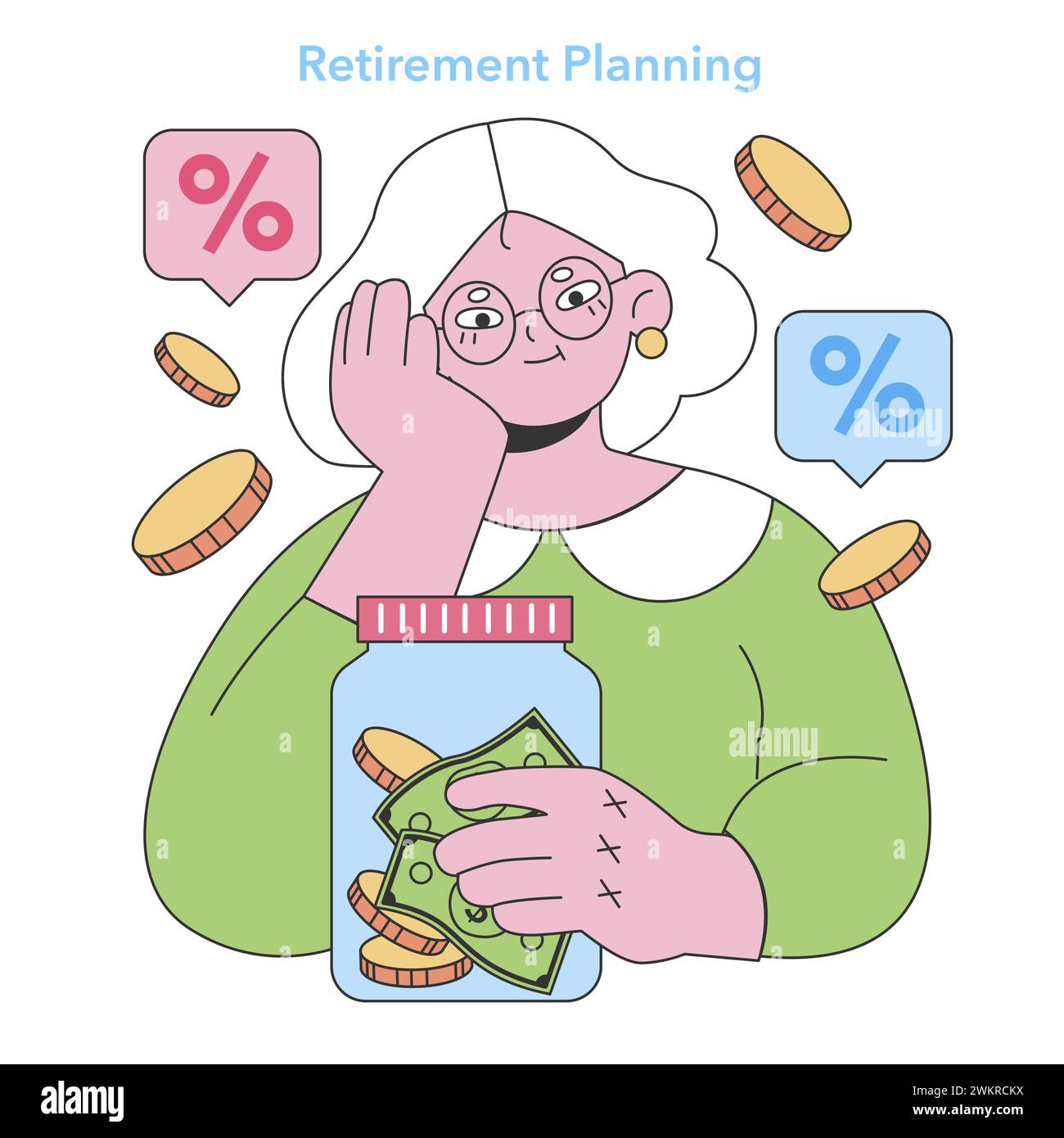 Concept de planification de la retraite. Senior assurer l'avenir financier avec l'épargne et les intérêts. Croissance et investissement des fonds de pension. Illustration vectorielle plate Illustration de Vecteur