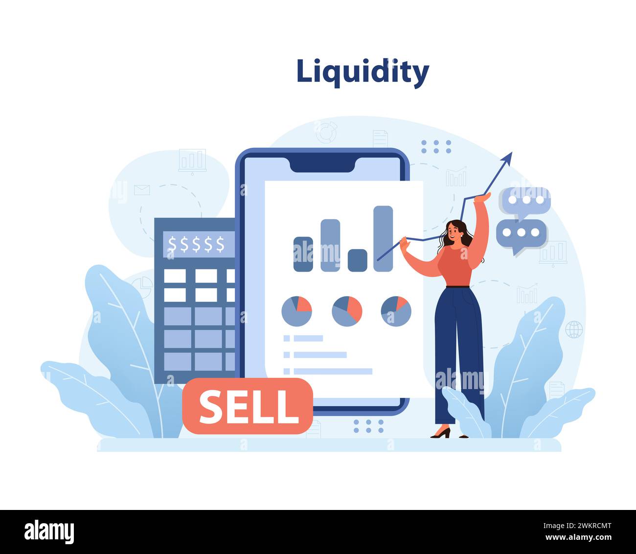 Concept de liquidité. Energetic Woman met en évidence les données financières sur tablette, indiquant la conversion des actifs. Vente rapide, dynamique du marché. Illustration vectorielle plate Illustration de Vecteur