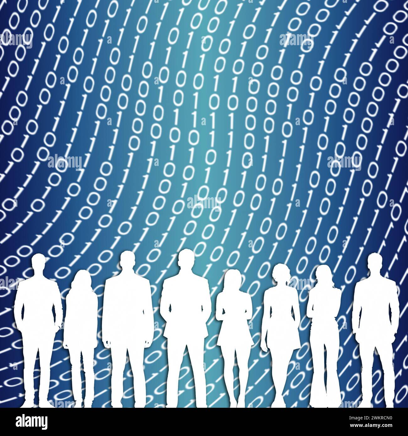 silhouette des gens debout devant un fond de chiffres binaires Banque D'Images