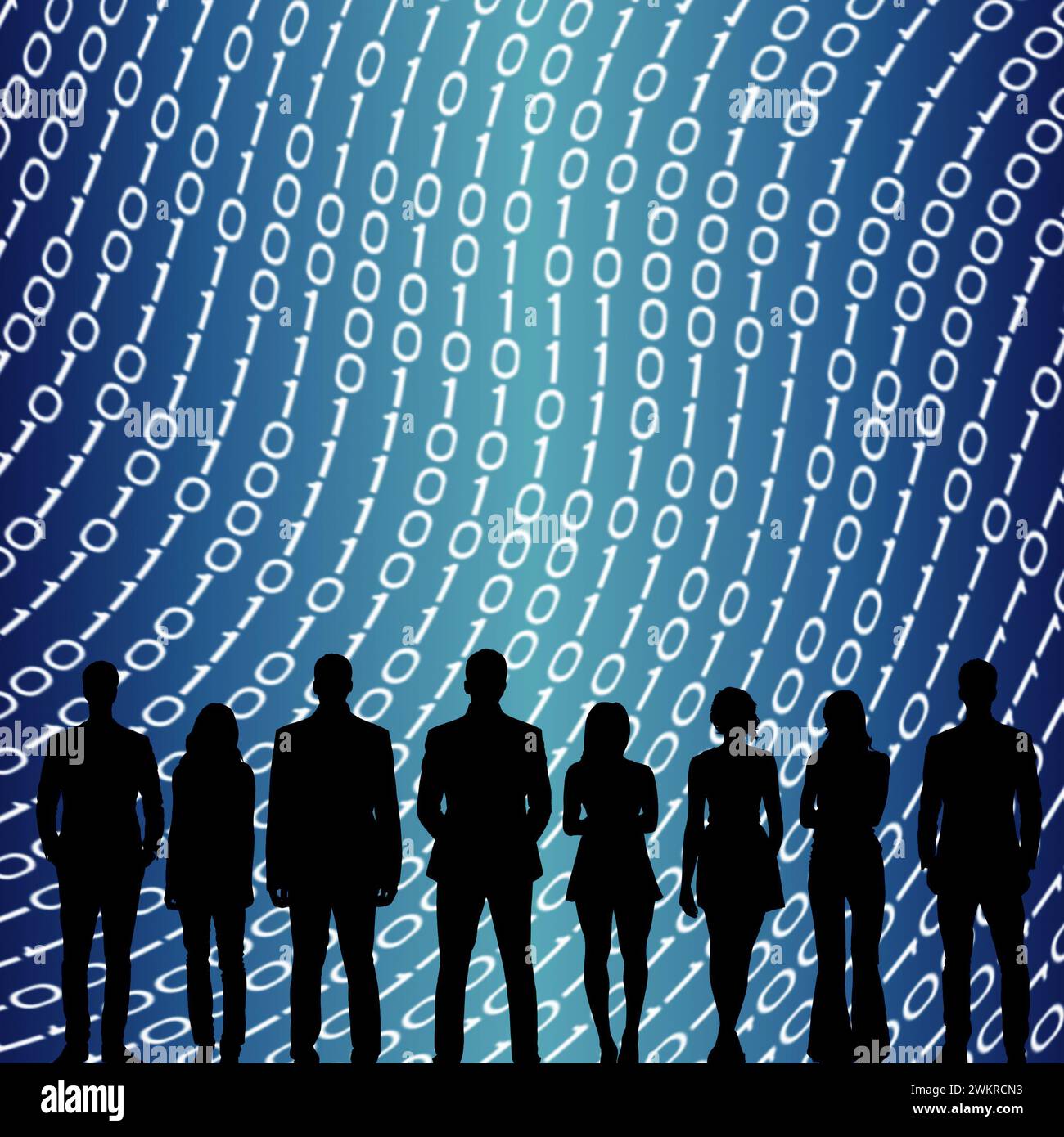 silhouette des gens debout devant un fond de chiffres binaires Banque D'Images