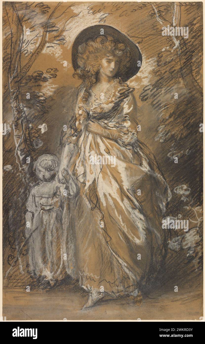 Une dame marchant dans un jardin avec un enfant ; Thomas Gainsborough (anglais, 1727 - 1788) ; environ 1785 ; craie noire avec des moignons et rehaussée de pastel blanc; Banque D'Images
