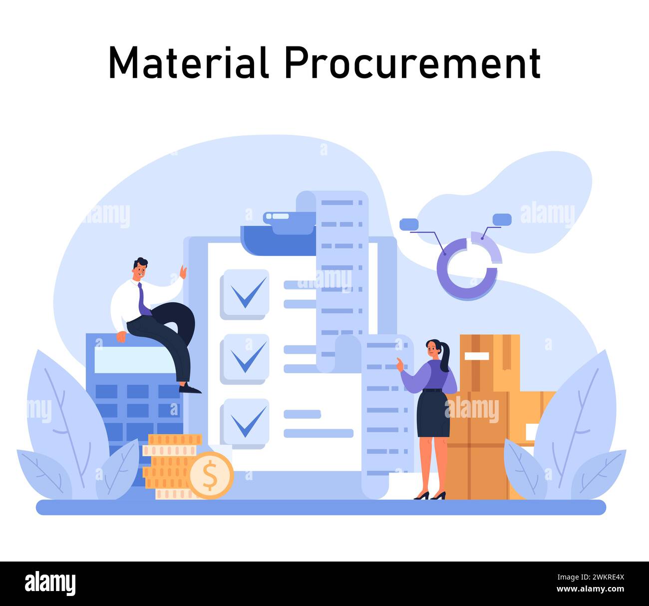 Concept du processus d'approvisionnement en matériel. Les experts gèrent les stocks et les coûts avec des contrôles et des équilibres approfondis. Efficacité de la chaîne logistique en action. Illustration vectorielle plate Illustration de Vecteur