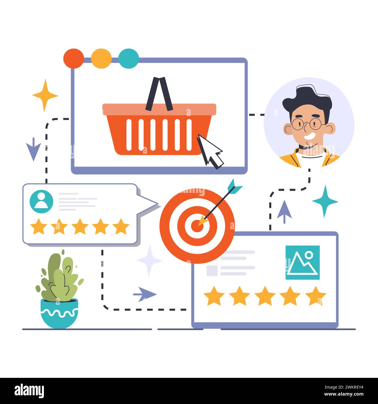 Aperçu de la stratégie de reciblage. L'homme se reconnecte avec le chariot abandonné. Marketing de précision, réengagement client, retour numérique. Alertes Web, notifications de profil. Illustration vectorielle plate Illustration de Vecteur