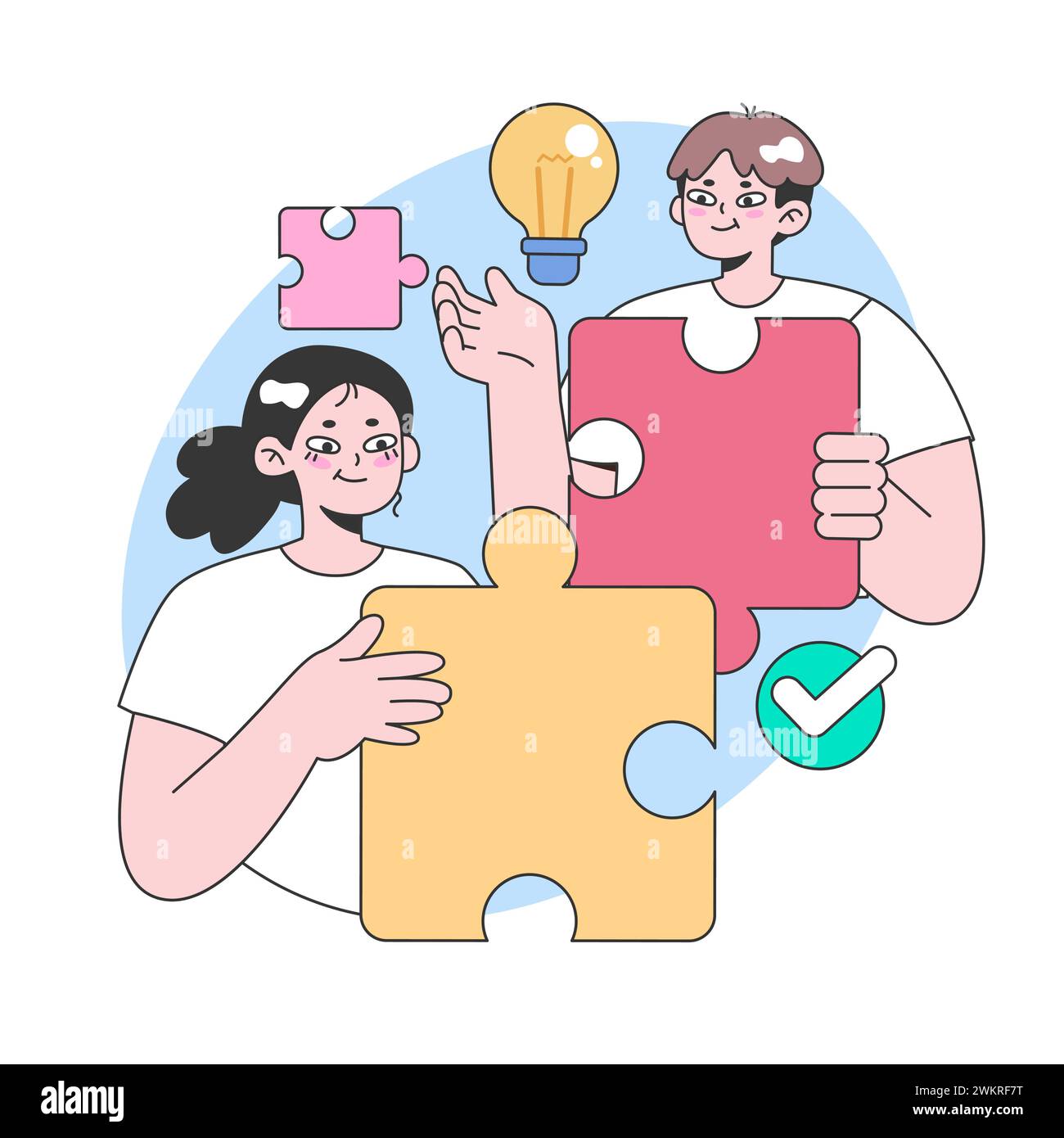Concept de collaboration pour la résolution de problèmes. Deux individus ajustant de grandes pièces de puzzle, entourés de symboles de génération d'idées et de succès. Construire des solutions ensemble. Illustration vectorielle plate Illustration de Vecteur
