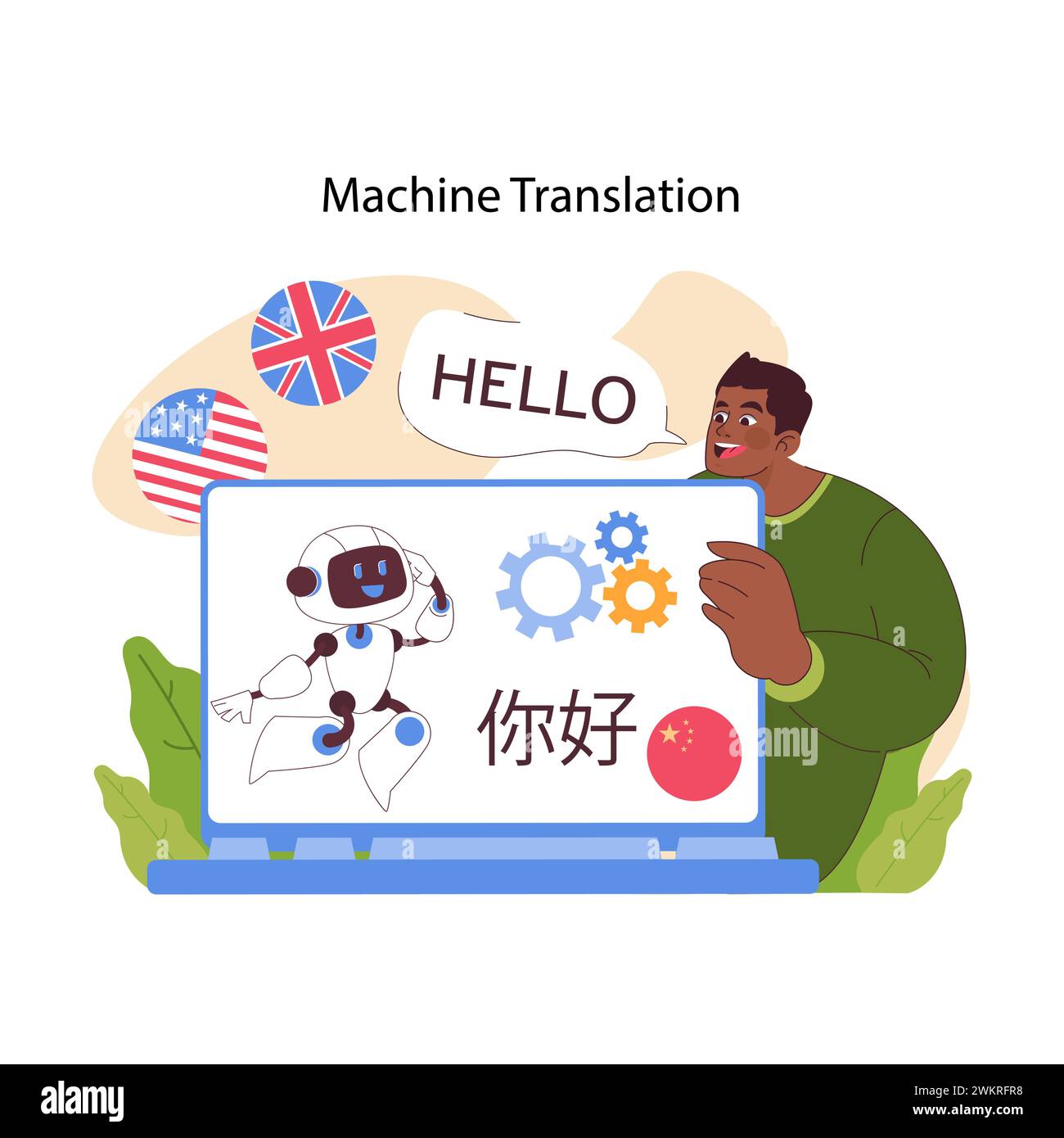Concept de traduction automatique. Une communication mondiale transparente, comblée par l'IA, transcendant les barrières linguistiques. Intégration multilingue et connexion culturelle grâce à la technologie. Illustration vectorielle plate Illustration de Vecteur