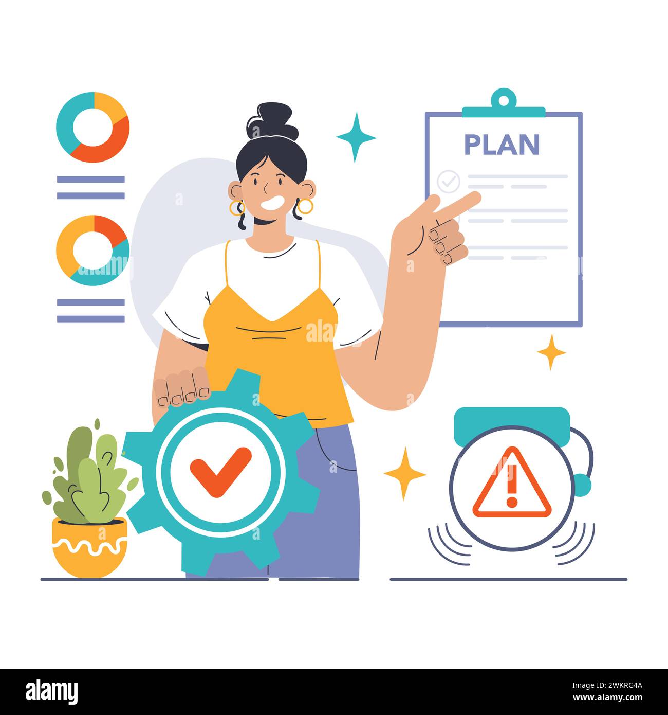 Concept de planification d'urgence. Une femme d'affaires confiante présente une stratégie proactive pour les crises potentielles, soulignée par des listes de contrôle et des systèmes d'alerte. La préparation rencontre la prévoyance. Vecteur plat Illustration de Vecteur