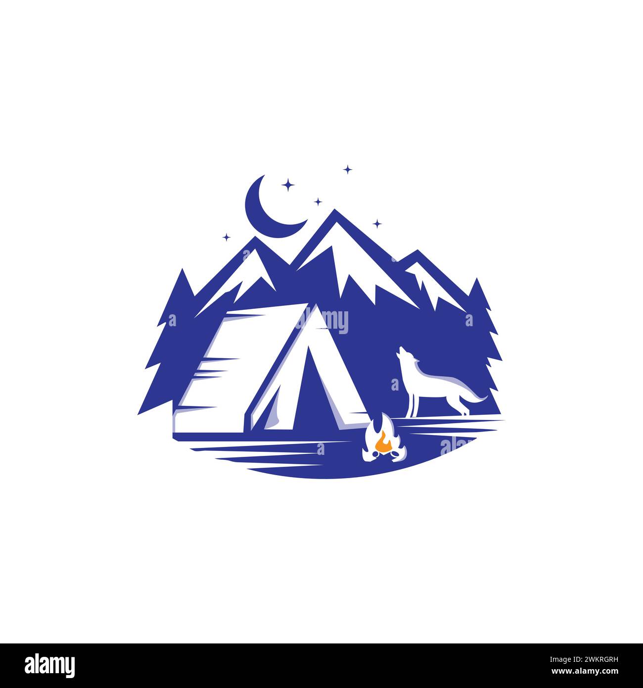 Camping la nuit illustration simple. Camping nocturne en montagne. Paysage forestier de dessin animé avec lac, tente et feu de camp, ciel avec lune. Vecteur beau C Illustration de Vecteur