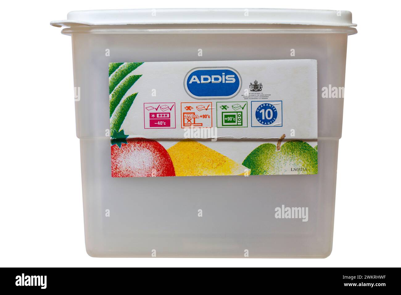 Récipient alimentaire en plastique Addis avec couvercle isolé sur fond blanc - avec soin et utilisation des informations sur les symboles d'utilisation Banque D'Images