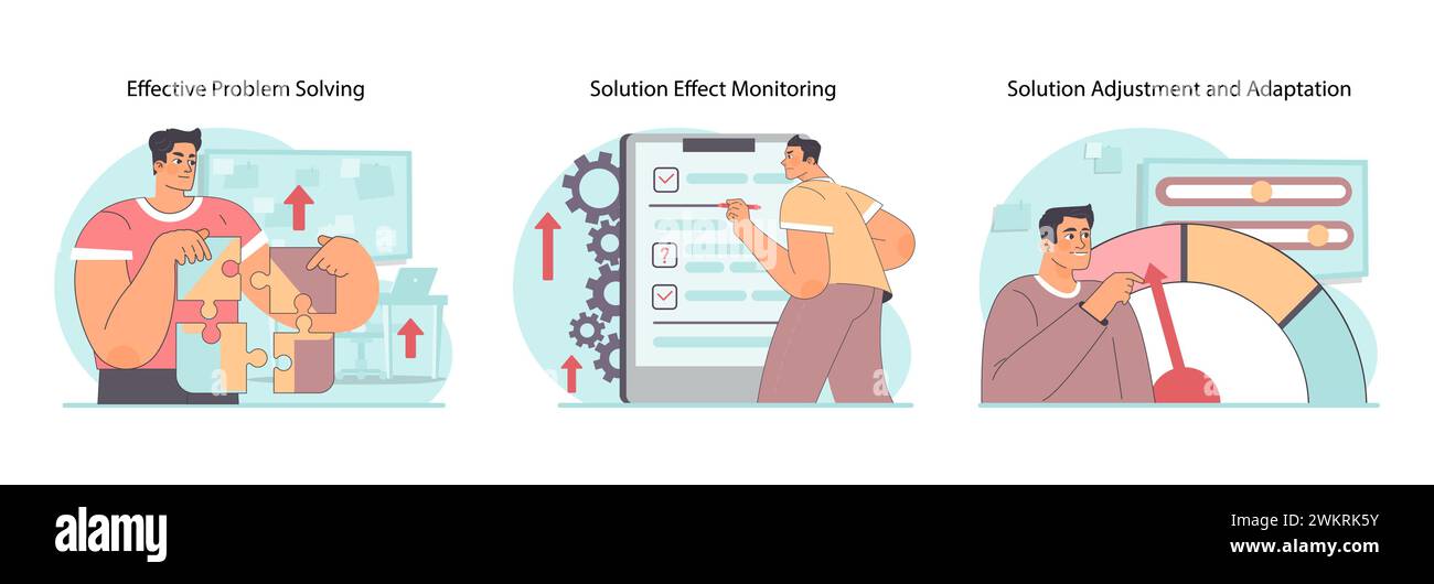 Ensemble de processus de résolution des problèmes. Étapes finales du traitement de la situation compliquée. Mise en œuvre de solutions, suivi des progrès et amélioration des méthodes. Cycle d'amélioration continue. Illustration vectorielle plate Illustration de Vecteur