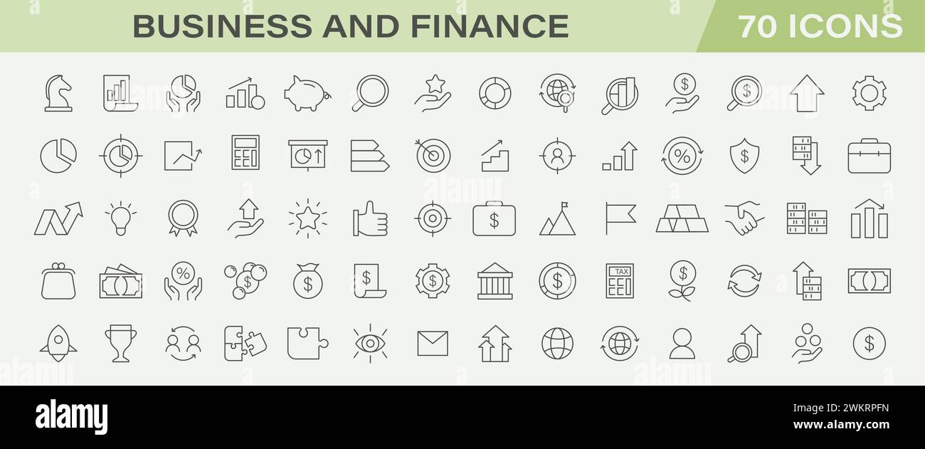 Collection d'icônes de ligne Business et Finance. Croissance de l'entreprise, stratégie d'investissement sur le marché. Analyse des bénéfices, tendances de l'économie mondiale. Solutions financières innovantes, analyse dynamique du marché. Illustration de Vecteur