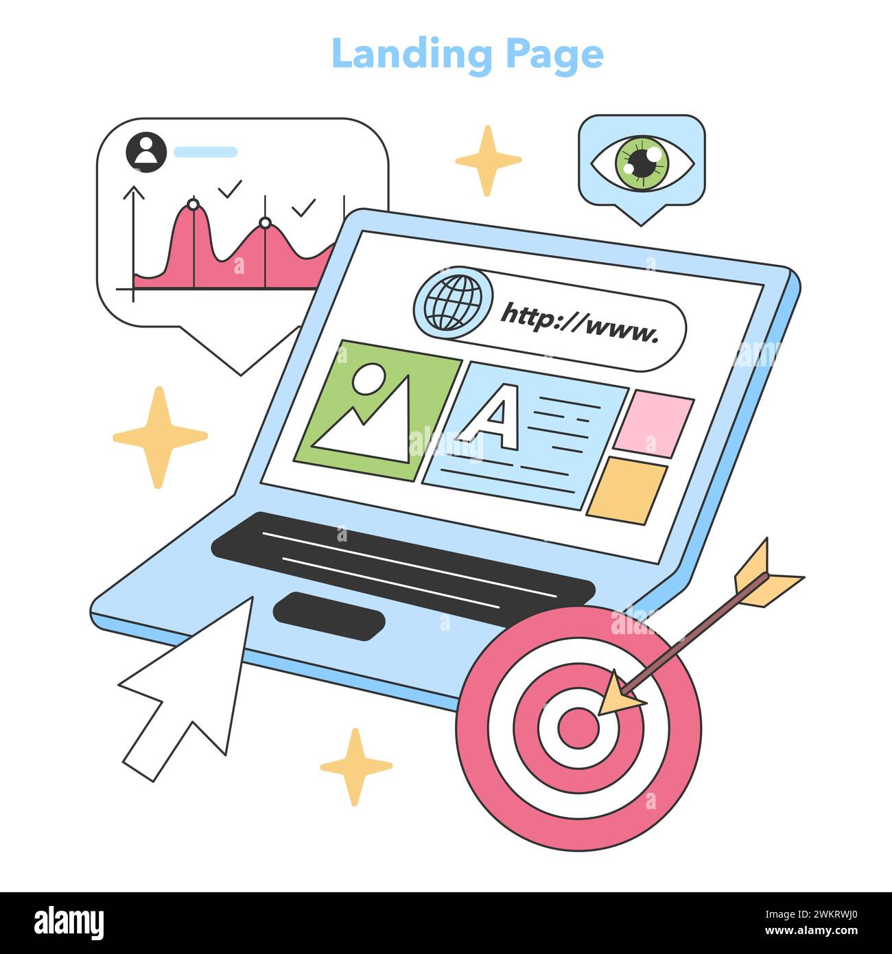 PC portable présente une page de destination dynamique, attirant l'œil du visiteur avec des graphiques et des mesures utilisateur, visant une cible précise. Illustration vectorielle plate Illustration de Vecteur