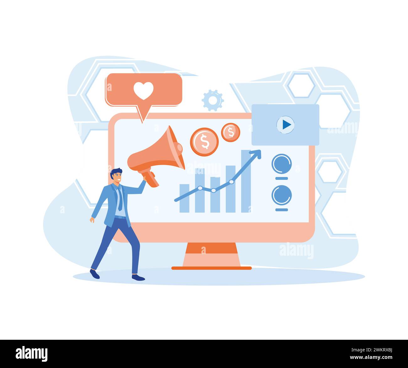 Stratégie de relations publiques basée sur Internet, gestion de la réputation, métaphore abstraite de campagne de marketing numérique. illustration moderne vectorielle plate Illustration de Vecteur