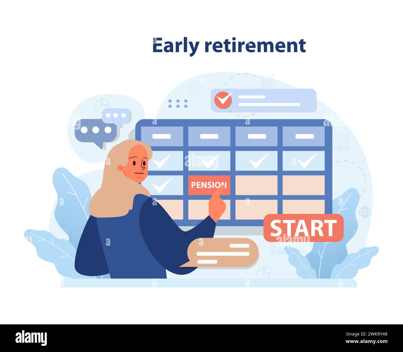 Concept de retraite anticipée. Femme marquant SA PENSION sur un calendrier, se préparant à commencer son voyage post-travail au milieu des icônes financières. Embarquer dans une vie tranquille. Illustration vectorielle plate. Illustration de Vecteur