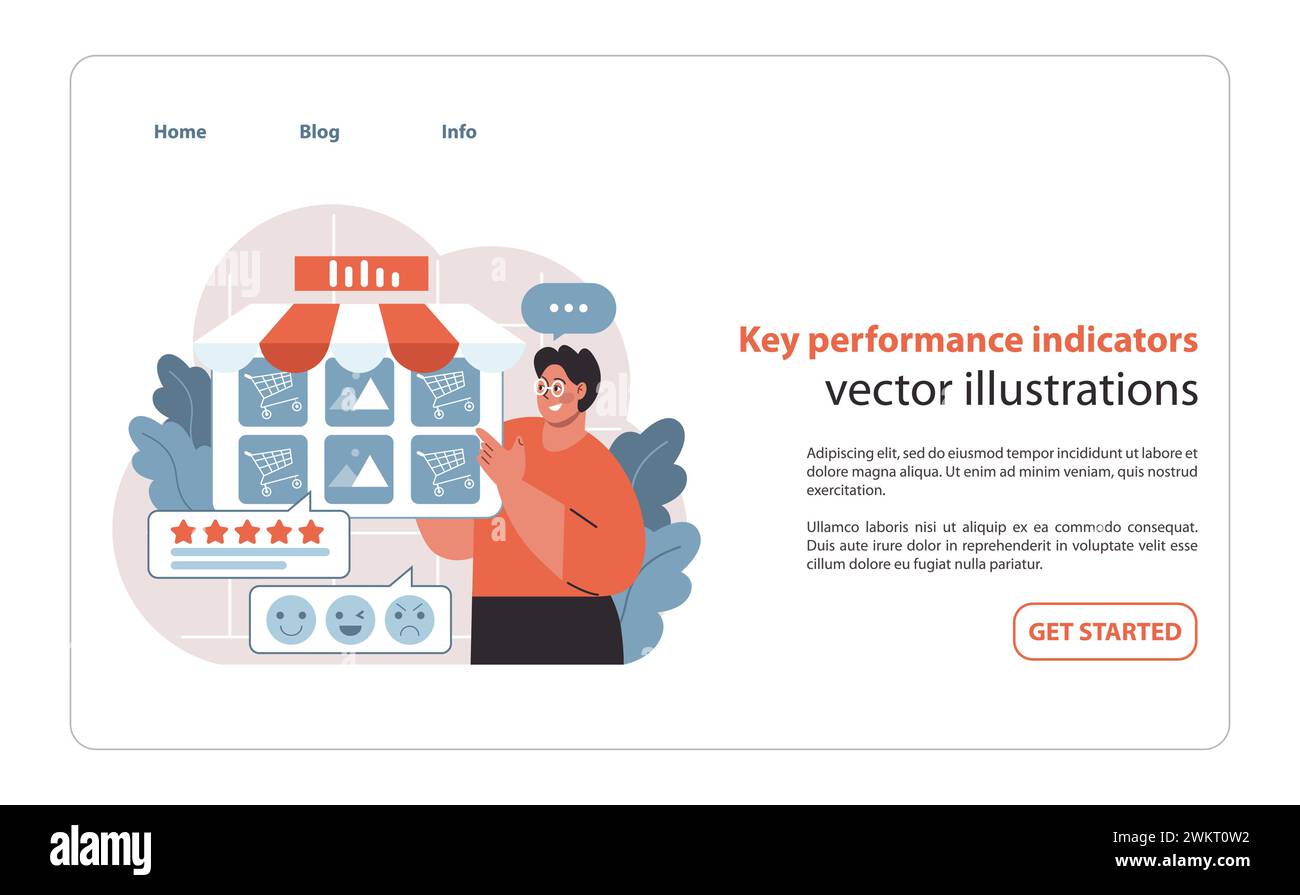 Indicateurs de performance clés dans le secteur de la vente au détail. Suivi détaillé de la satisfaction client et des indicateurs de ventes. Guide visuel pour comprendre la santé et les facteurs de réussite de la vente au détail. Vecteur plat. Illustration de Vecteur