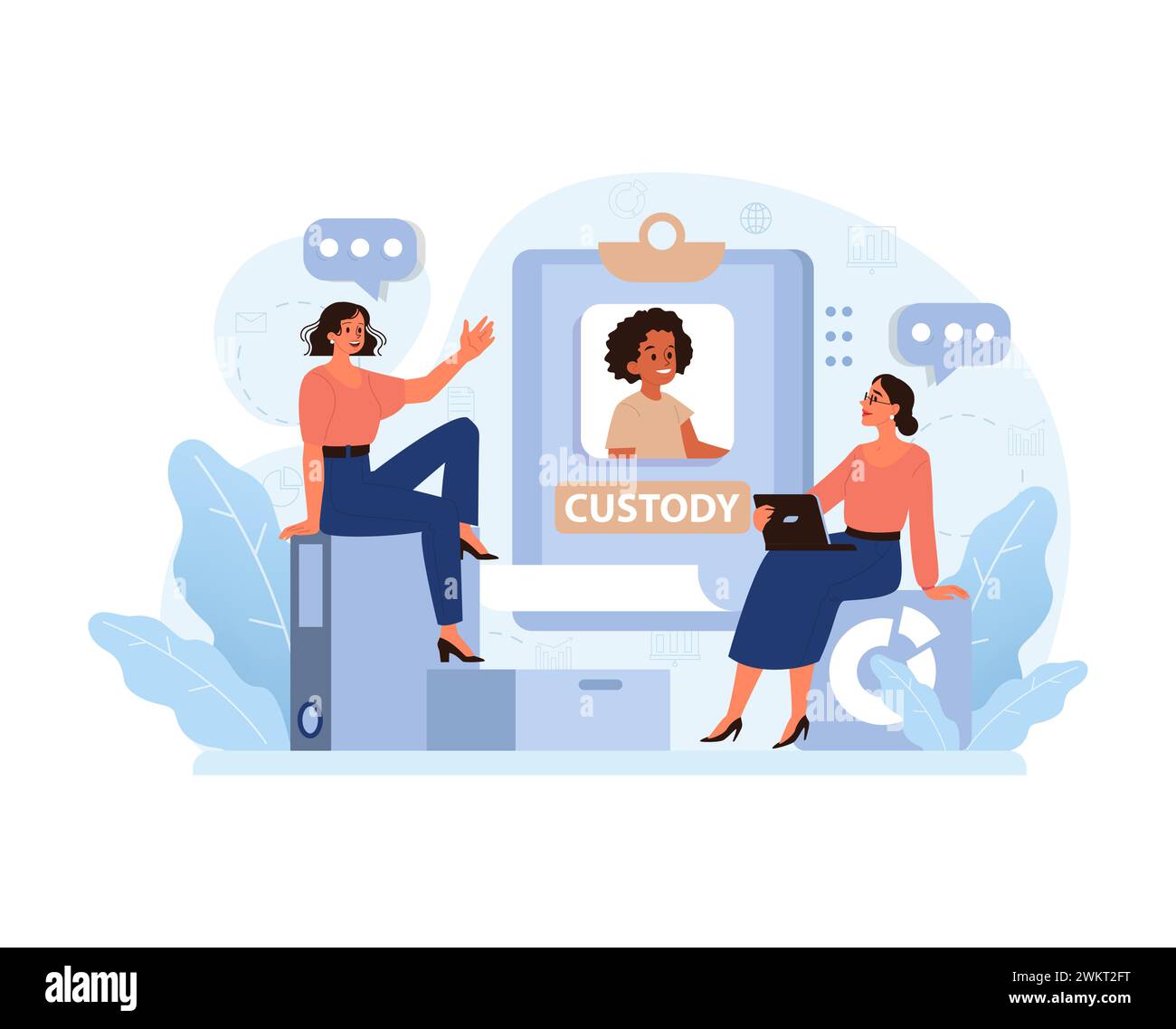 Concept de garde d'enfants. Deux femmes discutent des détails de la garde, avec une représentation numérique d'un enfant à l'écran. Navigation dans les droits parentaux et le bien-être de l'enfant. Illustration vectorielle plate. Illustration de Vecteur