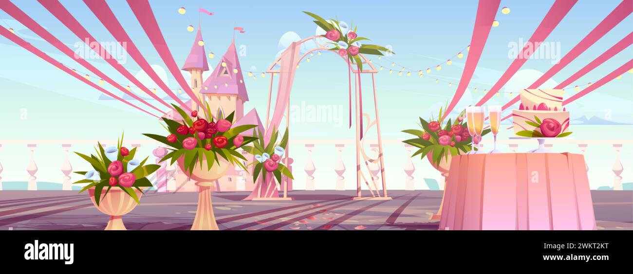 Cérémonie de mariage configuration extérieure avec arche drapée de rubans et décorée de fleurs de rose et bouquets sur le balcon ou la terrasse près du château royal. Voiture Illustration de Vecteur
