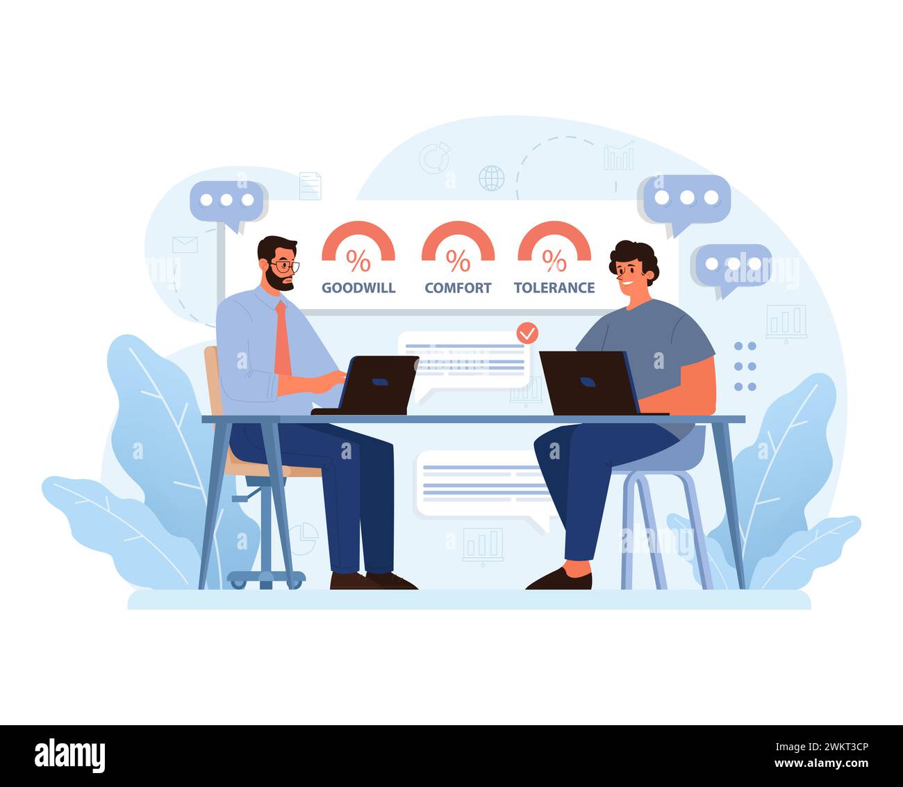 Scène de collaboration sur le lieu de travail. Deux professionnels discutent des indicateurs de bonne volonté, de confort et de tolérance, mettant en valeur un environnement inclusif. Objectifs partagés dans un espace de bureau moderne. Vecteur plat Illustration de Vecteur