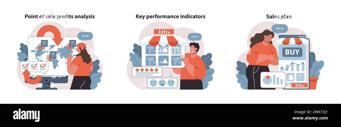 Plan de profit au détail. Analyse des ventes mondiales, suivi des indicateurs clés et planification stratégique des ventes. Amélioration de la prise de décision et de la compréhension du marché. Vecteur plat. Illustration de Vecteur