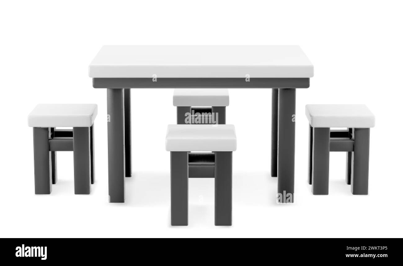 Table et chaises 3D isolées sur fond blanc. Illustration réaliste de vecteur de maquette de meubles en plastique ou en métal pour stand de foire commerciale, restaurant, Illustration de Vecteur