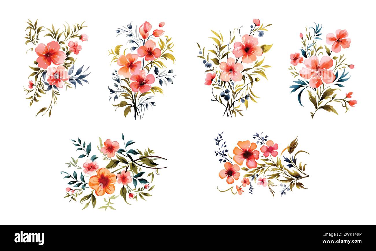 Ensemble de peinture à l'aquarelle de branches de fleurs sauvages oranges sur fond blanc, illustration vectorielle Illustration de Vecteur