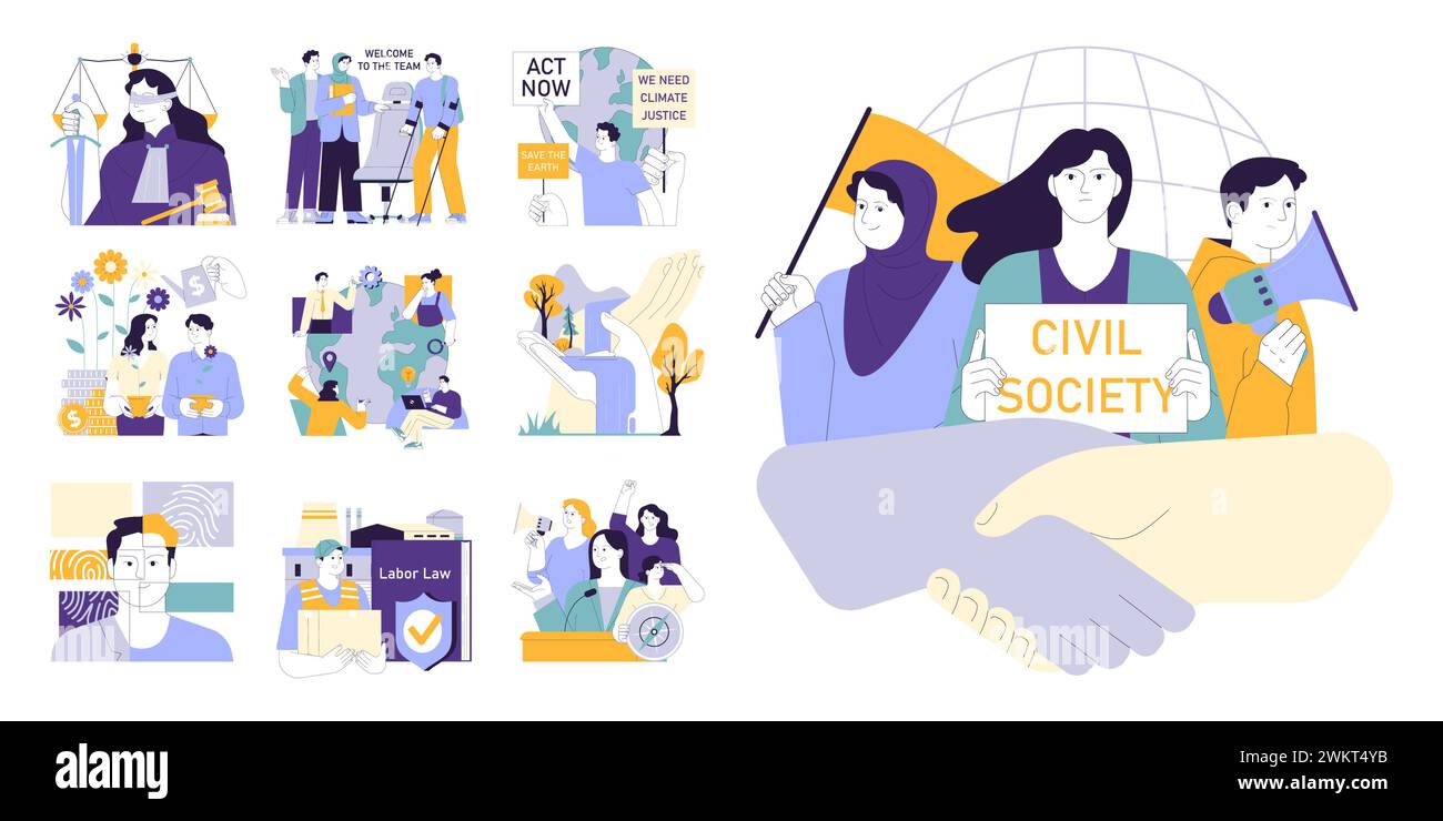 Ensemble d'équité sociale. Le travail d'équipe de la société civile, l'activisme environnemental et l'engagement communautaire pour un avenir meilleur et des chances égales. Diversité et inclusion. Illustration vectorielle plate Illustration de Vecteur