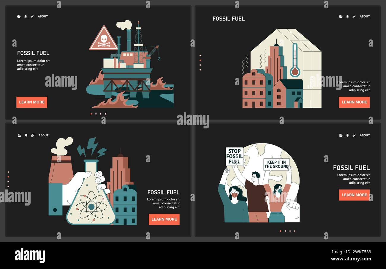 Combustible fossile mode sombre ou nuit Web ou ensemble d'atterrissage. L'extraction des ressources fossiles et son impact sur le changement climatique. Dépendance à l'égard des sources d'énergie non renouvelables. Épuisement de la terre. Illustration vectorielle plate Illustration de Vecteur