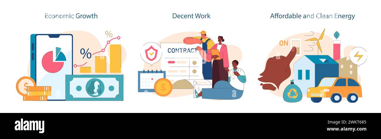 ODD ou objectifs de développement durable fixés. Objectif mondial pour un avenir meilleur, y compris l'égalité des sexes, la santé, l'éducation, l'énergie propre et la croissance économique. ESG et CSR. Illustration vectorielle plate Illustration de Vecteur