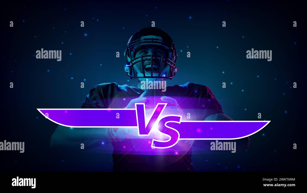 Bannière. Emblème de combat stylisé « VS » avec effets violets éclatants et photo floue avec un joueur de football américain compétitif. Banque D'Images