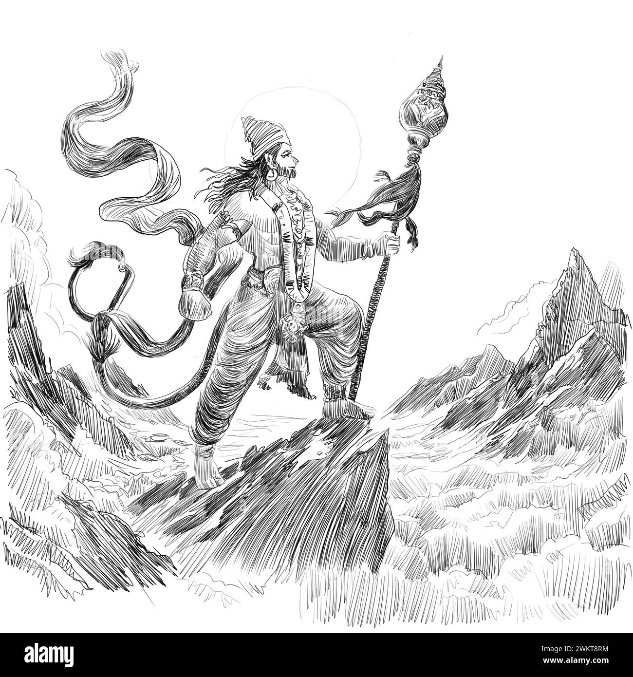 Illustration du Seigneur Hanuman sur fond religieux avec message en Hindi signifiant salutations et souhaits pour Hanuman Jayanti festival de Inde Banque D'Images