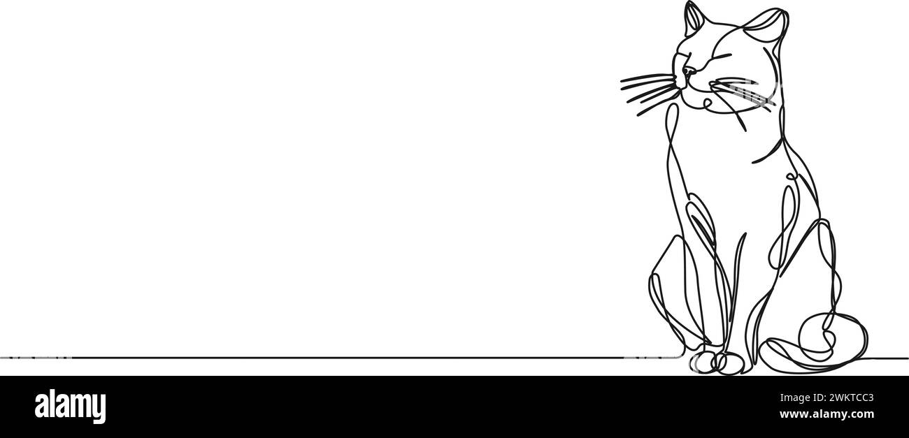 dessin simple continu de chat assis avec les yeux fermés, illustration vectorielle d'art au trait Illustration de Vecteur