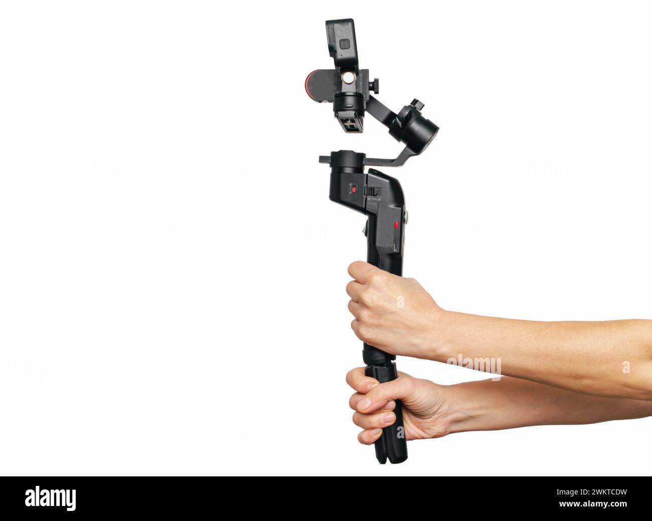Vidéo portable noir moderne et stabilisateur photo dans les mains féminines sur fond blanc. Vue latérale Banque D'Images
