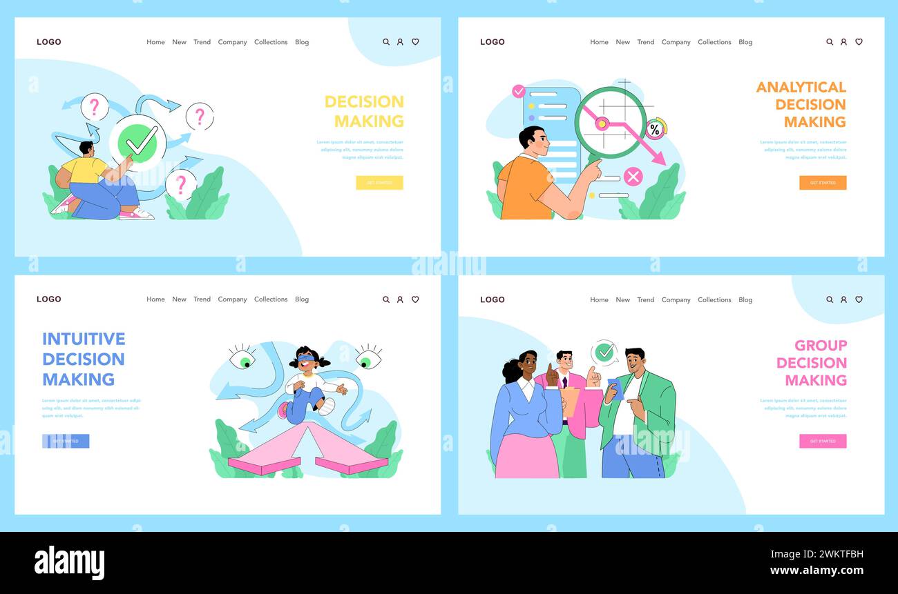 Ensemble de prise de décision. Stratégies intuitives, analytiques et de groupe dans la résolution de problèmes. Divers hommes, femmes et enfants s'engagent dans différentes approches de pensée. Faire des choix. Illustration vectorielle plate Illustration de Vecteur