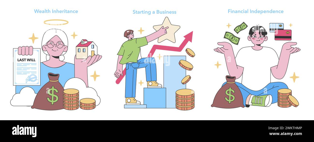 Trio moments de la vie. Naviguer dans l'héritage, lancer des entreprises, atteindre la liberté financière. Héritage, entrepreneuriat et autonomie visualisés. Illustration vectorielle plate Illustration de Vecteur