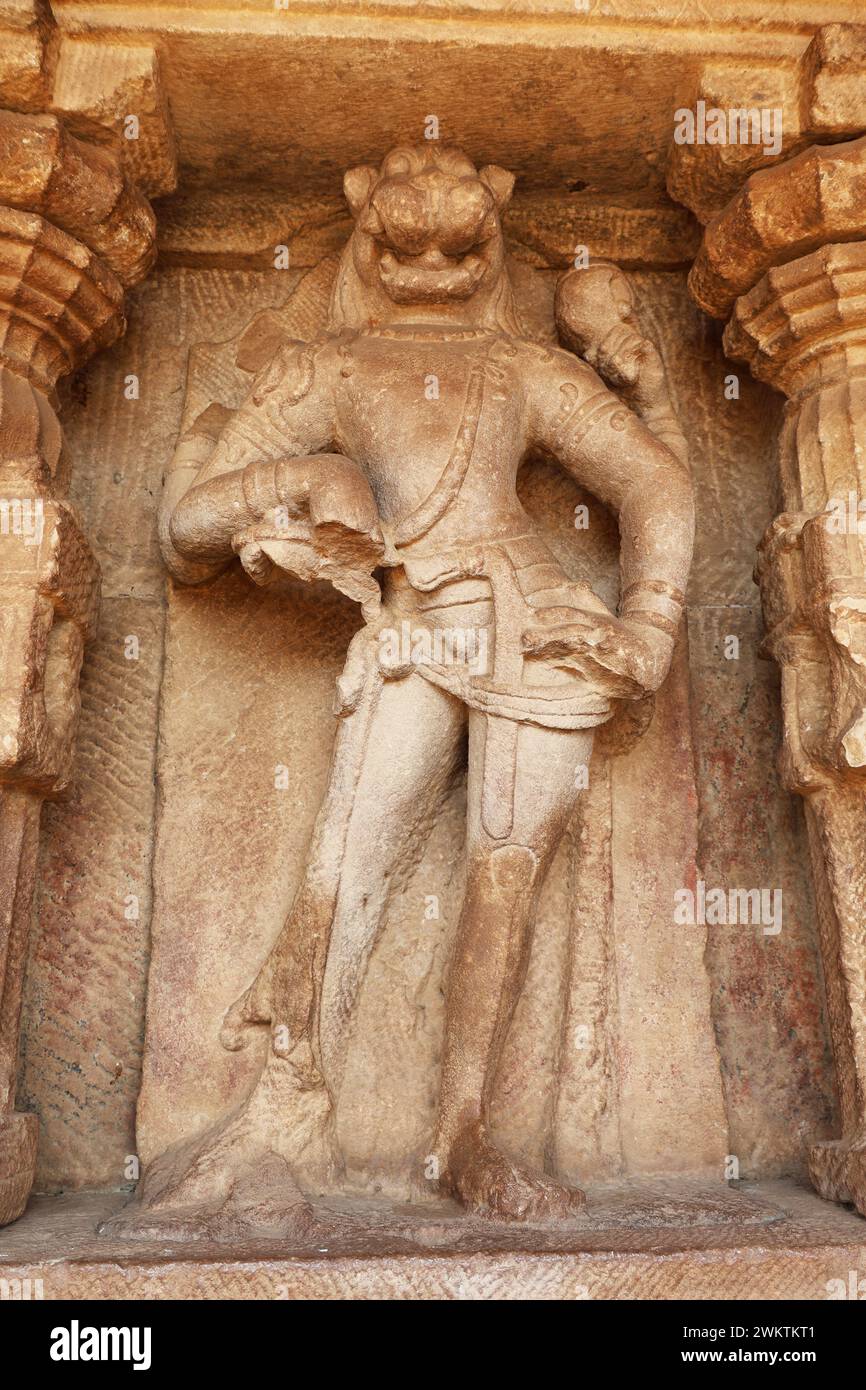 Vishnu comme Narasimha, Temple Durga, temples Aihole, Badami, Bagalkot, Karnataka, Inde Banque D'Images