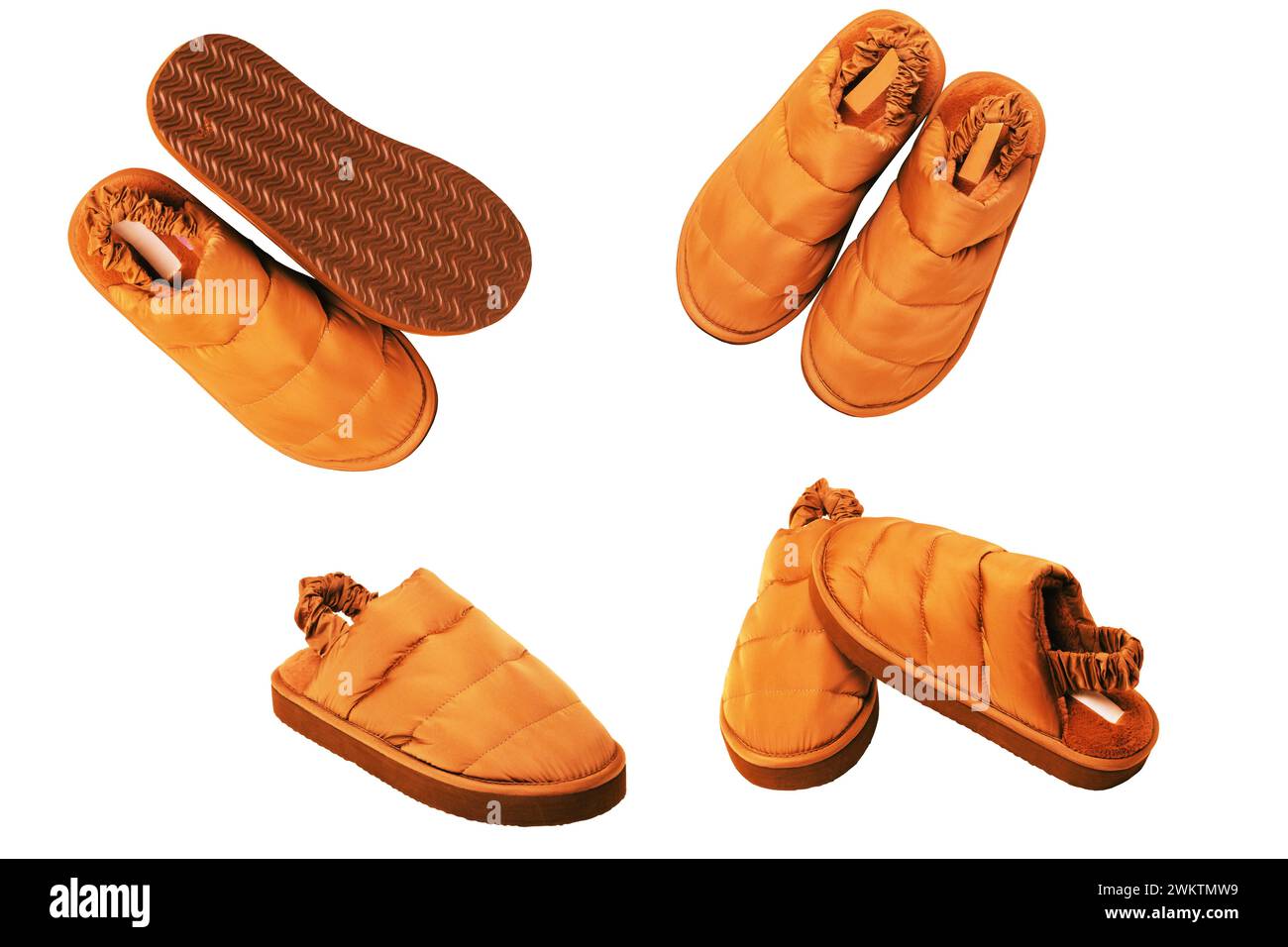 Pantoufles isolées. Collage set diverses vues de chaussons de maison en éponge brun chaleureux et doux isolés sur fond blanc. Chaussures pour femme. Macr Banque D'Images