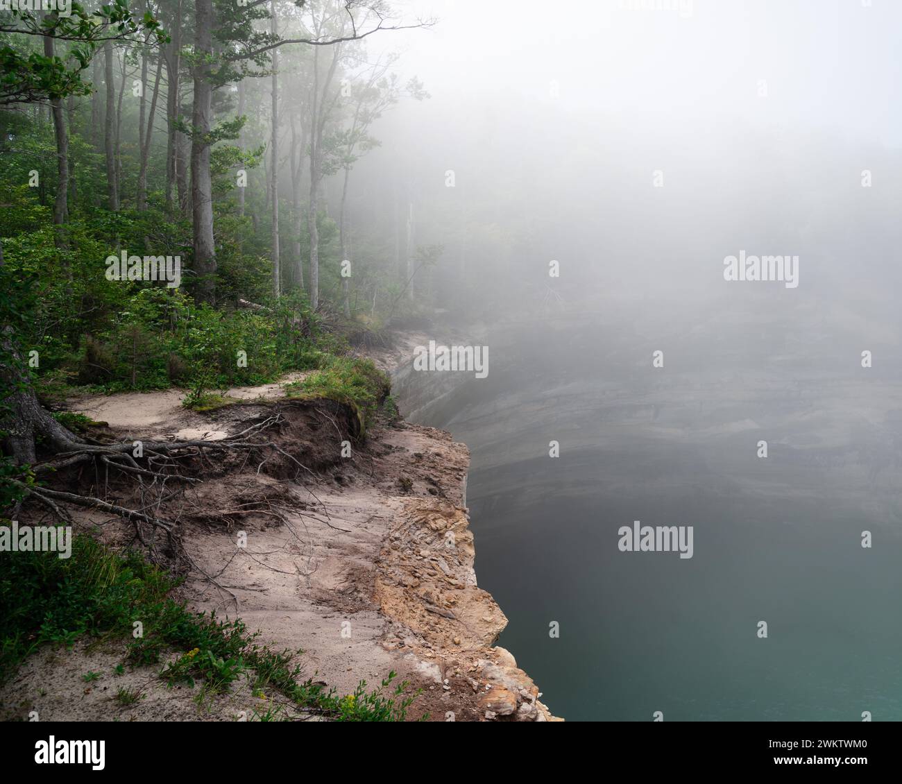 Pictured Rocks rivage, falaise jusqu'au lac supérieur dans le brouillard Banque D'Images