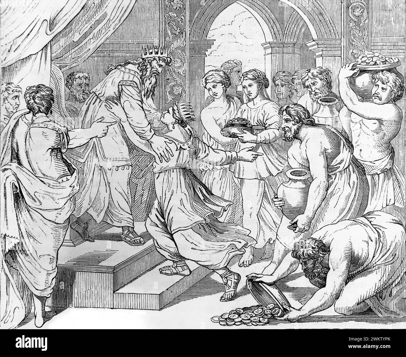 Illustration de la visite de la reine de Sheba au roi Salomon et elle est venue à Jérusalem épices, or et pierres précieuses de l'Antiquité 19ème siècle I Banque D'Images