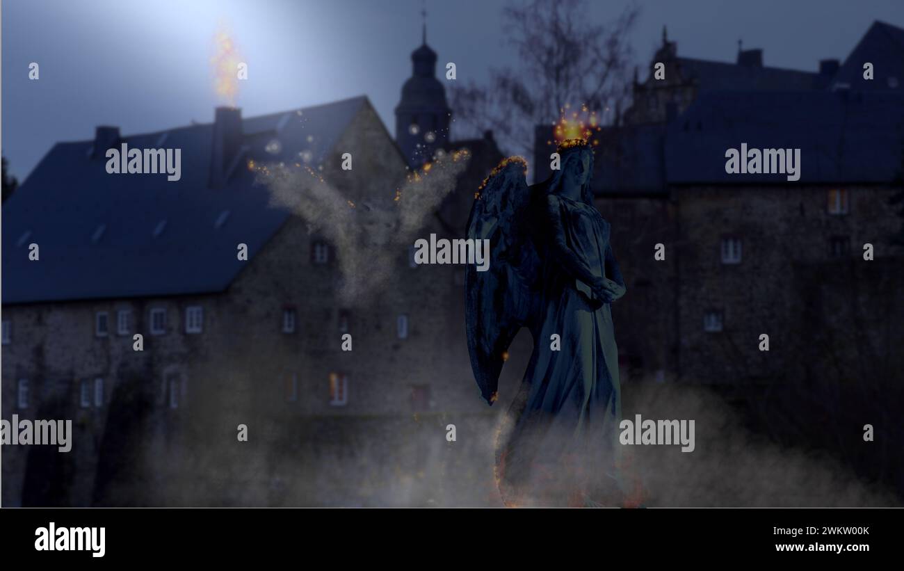 Un château sombre. Un démon ailé émergeant du mur. Un ange brûlant. Concept d'apocalypse. Banque D'Images