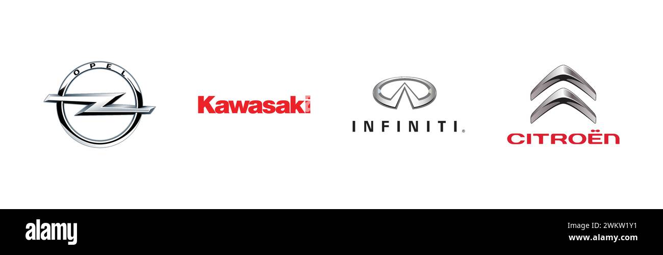 Citroën, Infiniti, Opel, Kawasaki, collection populaire de logo de marque. Illustration de Vecteur