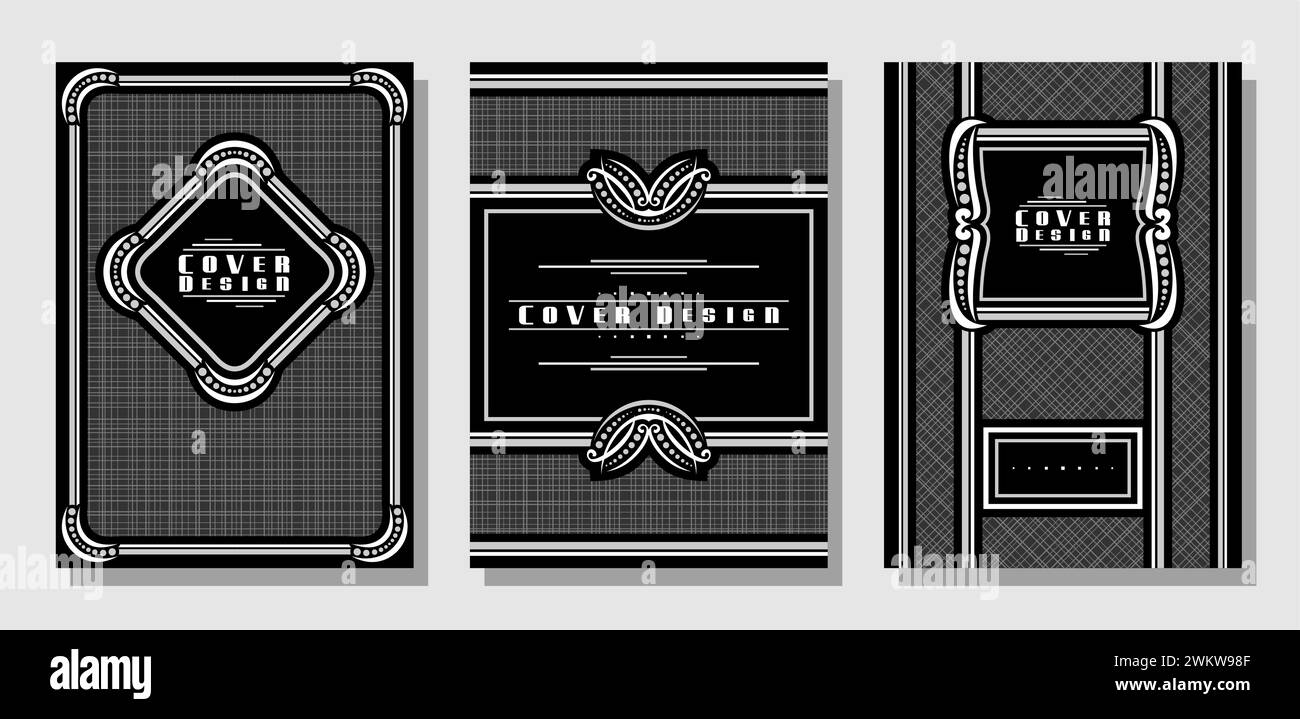 Vector Book Cover Set, collection de 3 illustrations isolées de différentes couvertures vintage noires avec motif abstrait à carreaux, diverses couvertures de brochure Illustration de Vecteur