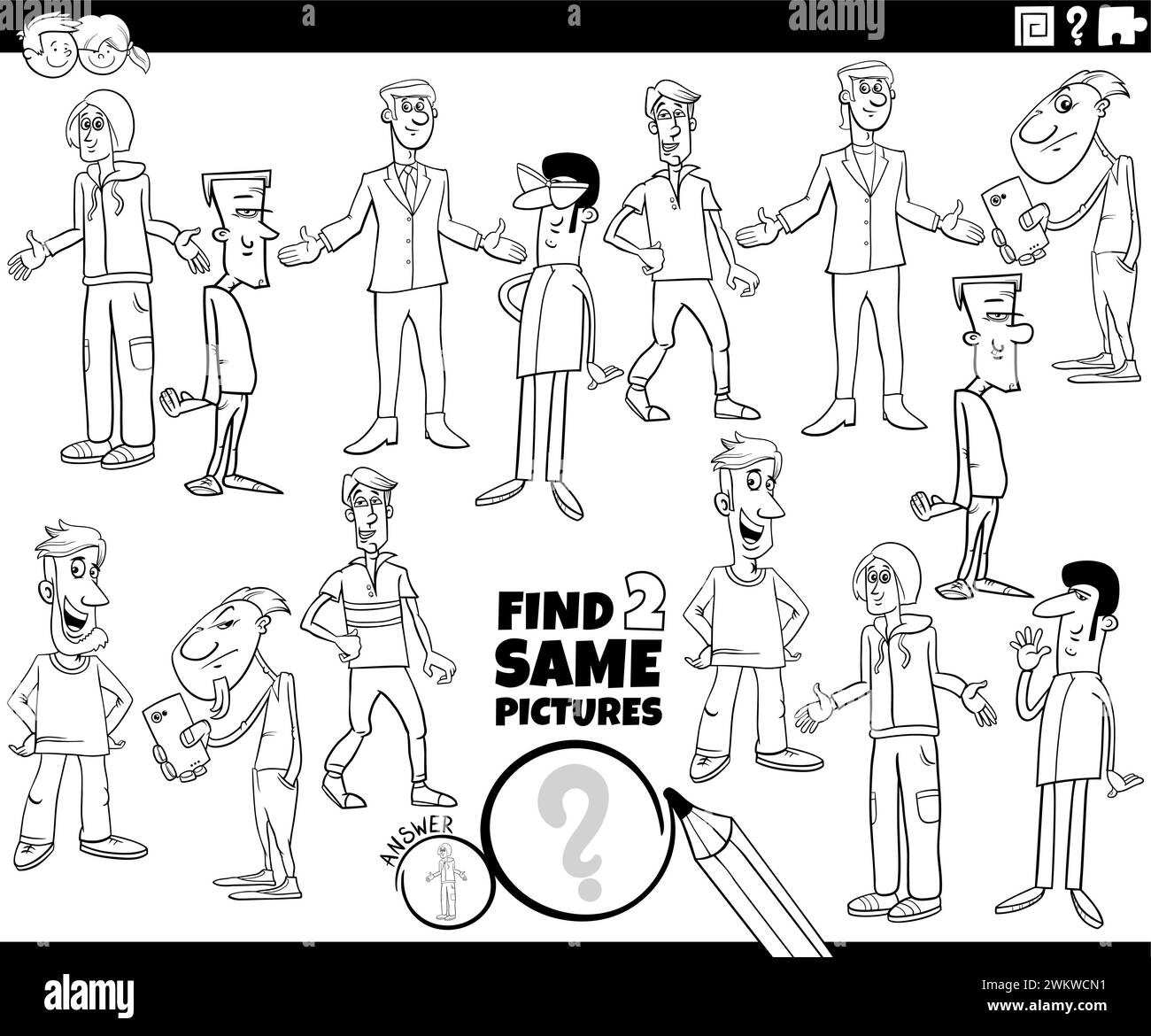 Illustration de dessin animé de trouver deux mêmes images activité éducative avec des gars ou de jeunes hommes personnages à colorier Illustration de Vecteur