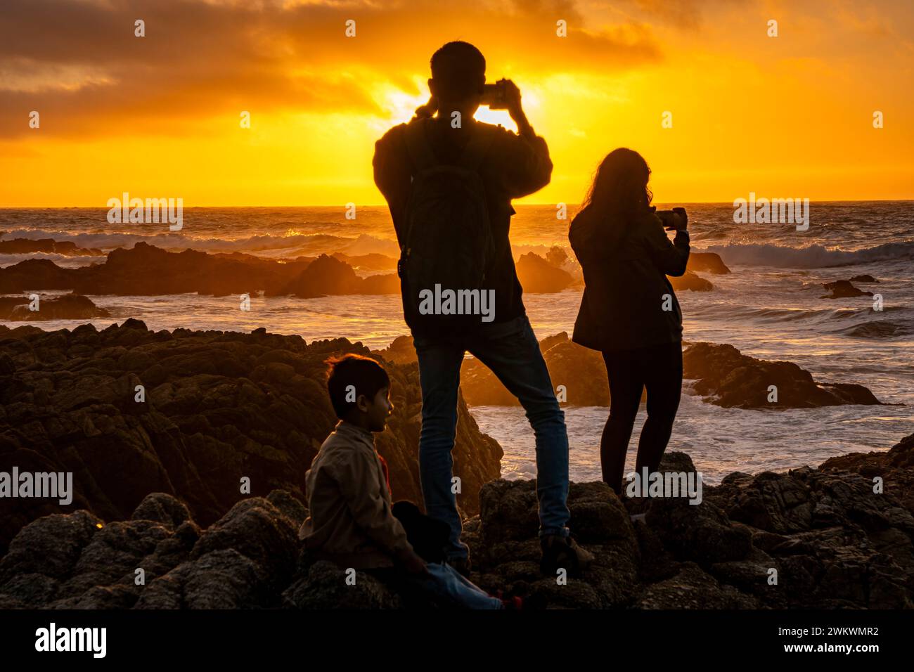 Famille photographiant le coucher de soleil côtier au bassin de marée le long de la baie de Monterey. Banque D'Images