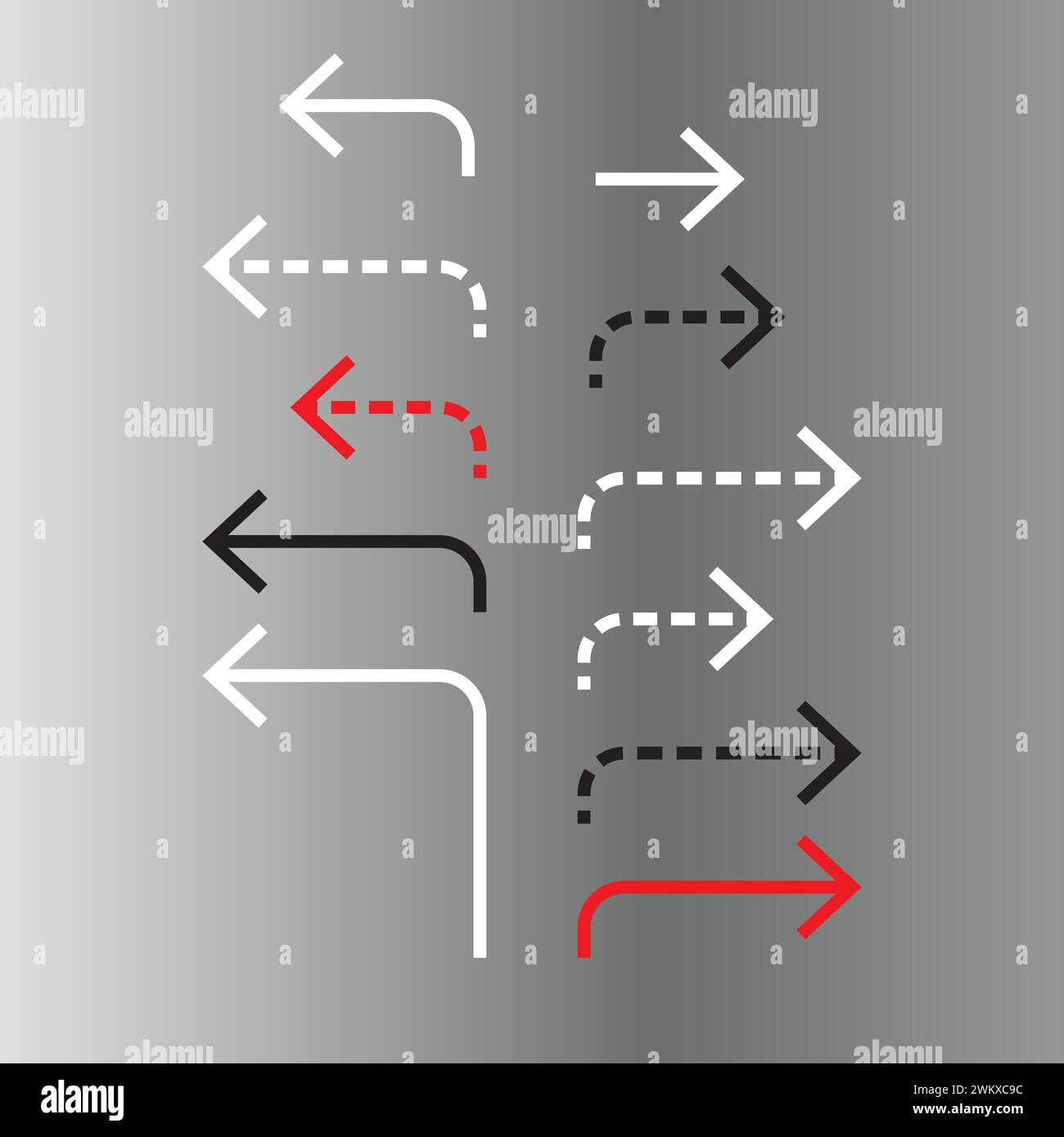 Virage à 90 degrés - tracé du parcours - ensemble de flèches pointant vers le succès dans plusieurs directions, lignes continues et pointillées Illustration de Vecteur