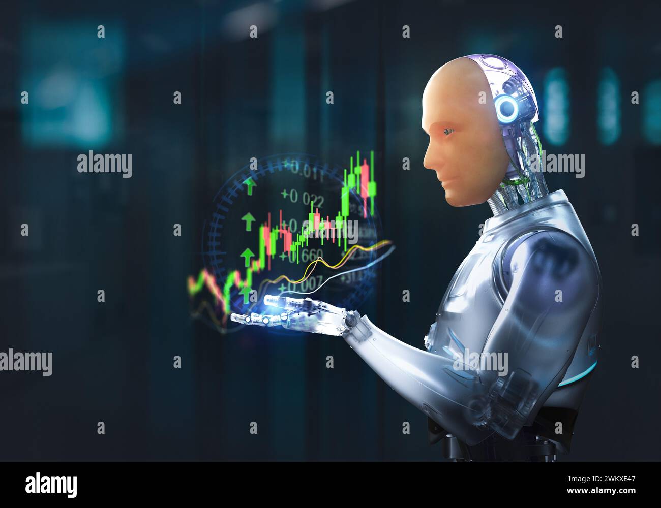 Technologie concept financier avec rendu 3D robot humanoïde analyser stock market Banque D'Images