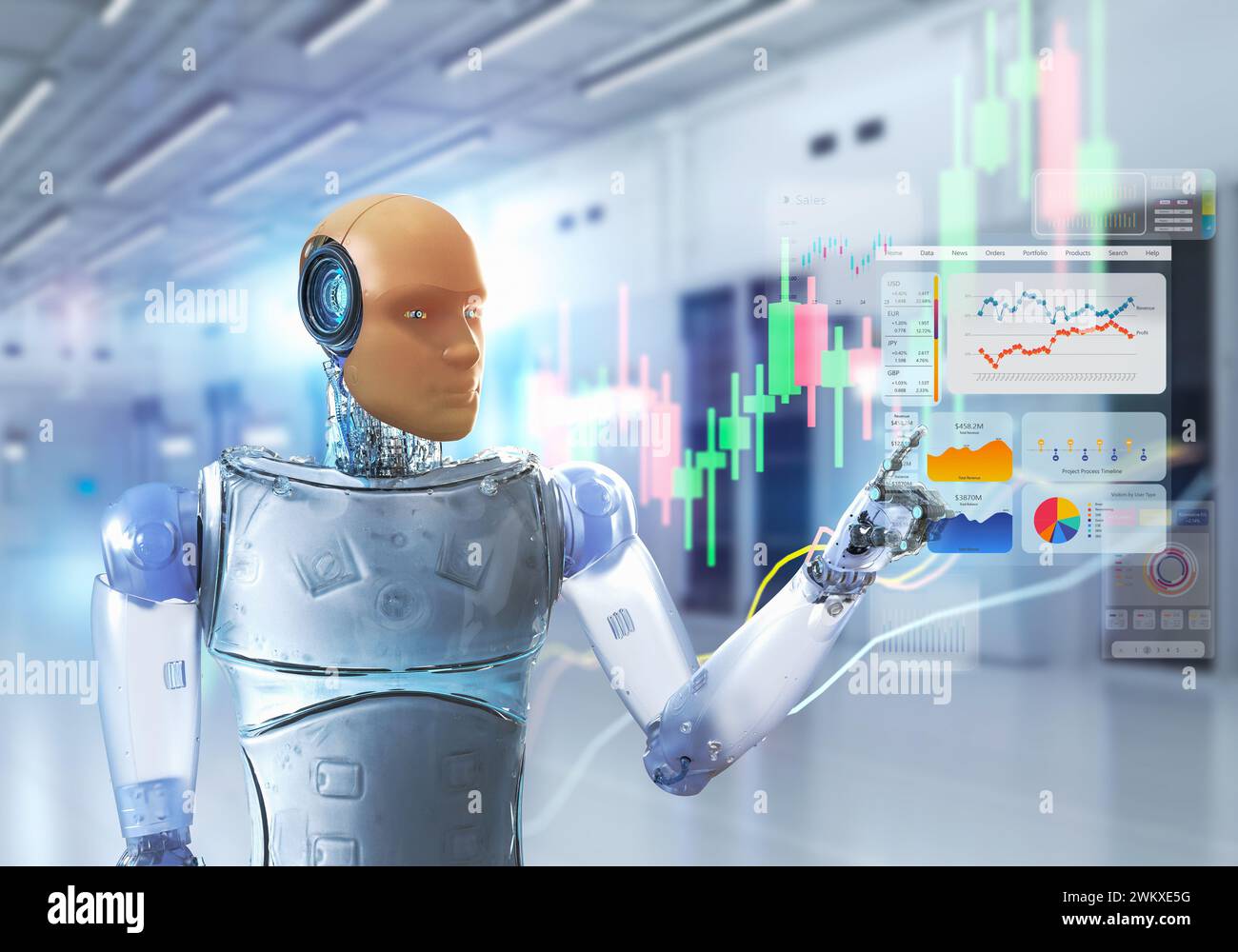 Technologie concept financier avec rendu 3D robot humanoïde analyser stock market Banque D'Images