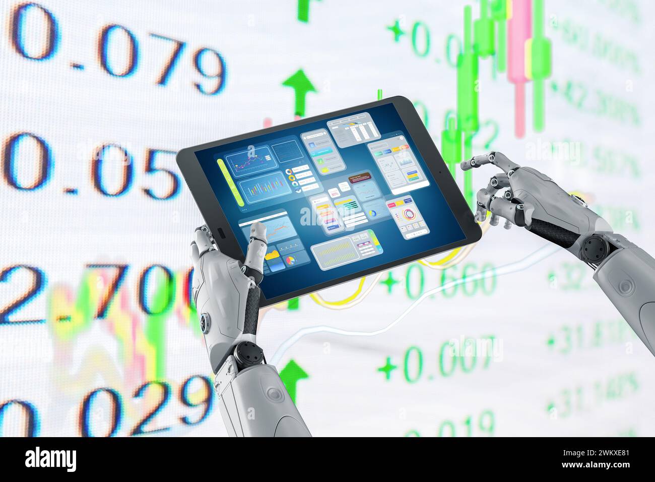 Concept de technologie financière avec robot humanoïde de rendu 3D analyser le marché boursier sur tablette Banque D'Images